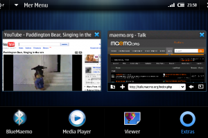 N900 Mer UI – Portrait, New task switcher and dock.