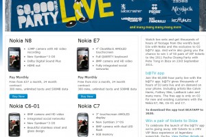 B@TV app for Nokia Symbian^3 phones, promoted by O2-UK. Win tickets to Pacha closing party in Ibiza