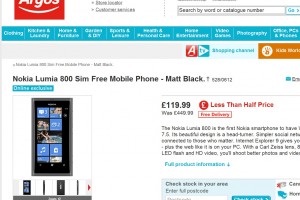 Woah! Nokia Lumia 800 unlocked for Â£119.99! (Yes, this is no typo). Super Argos Promo! (Update: Pricing error?!)