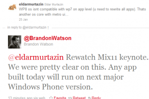 WP7 apps compatible with WP8 says Brandon Watson.