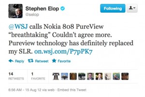 PureView replaces Stephen Elop’s SLR. WSJ calls 808 Breathtaking – would replace iPhone with Lumia PureView.