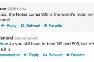 Anssi Vanjoki trades tweets with Jo Harlow on Nokia Lumia 920/N9/808 being the world’s most innovative smartphone.