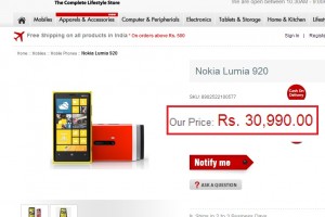 Nokia Lumia 920 at ManiacStore India, 30,990 INR (600USD/370GBP/460EUR)