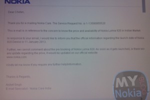 Nokia Care India confirming Nokia Lumia 920 for Friday, January 11th