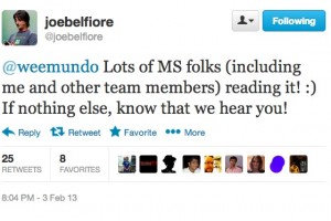 Windows Phone’s @JoeBelfiore tweets that he’s listening to consumer feedback/complaints for WP8.