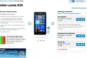 Nokia Lumia 625 at Â£149.99 on O2 pay and go (+Â£20 gift and free shell)