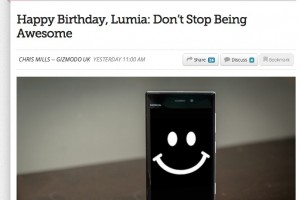 Gizmodo wishes Nokia Lumia a happy birthday, says “Don’t Stop Being Awesome”