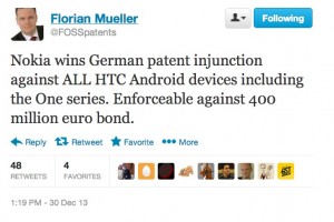 FossPatents: Nokia wins German patent injunction against ALL HTC Android devices. Enforceable against 400 million euro bond.