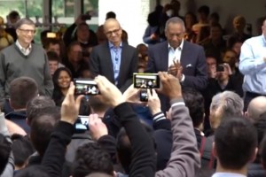 Sea of Nokia Lumias as Nadella and Thompson address the Microsoft employees, Gates and Ballmer on stage too