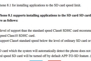 WP 3 column for 4.5″ screens and over; WP8.1 app install to card requires class 6 and above