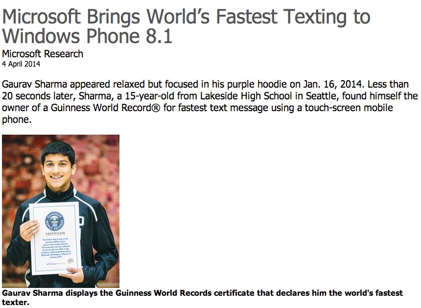 Video: 15 year old breaks World Record Fasting Text on Windows Phone 8.1 Word Flow