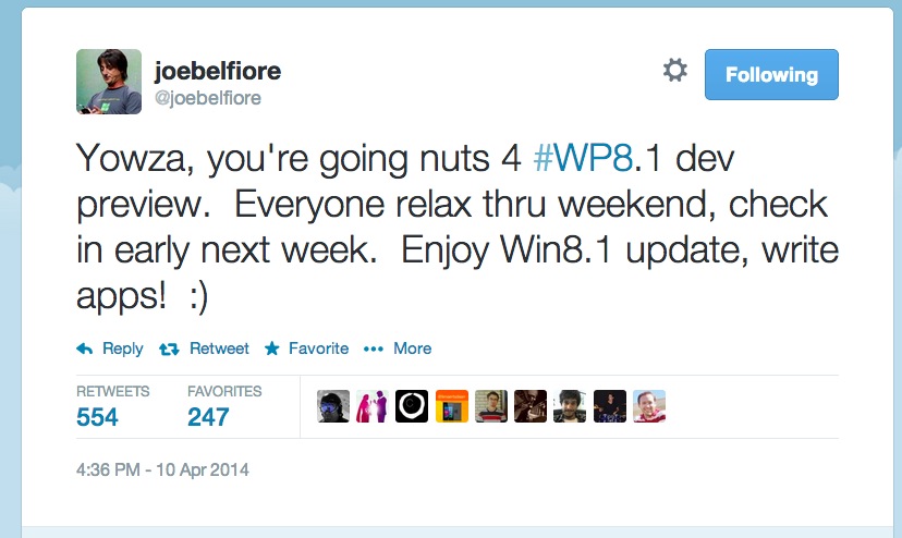 Joe Belfiore: WP 8.1 dev preview coming next week :D