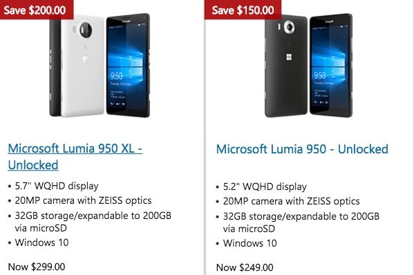 Lumia 950 XL for $299 and 950 for $249 at Microsoft Store